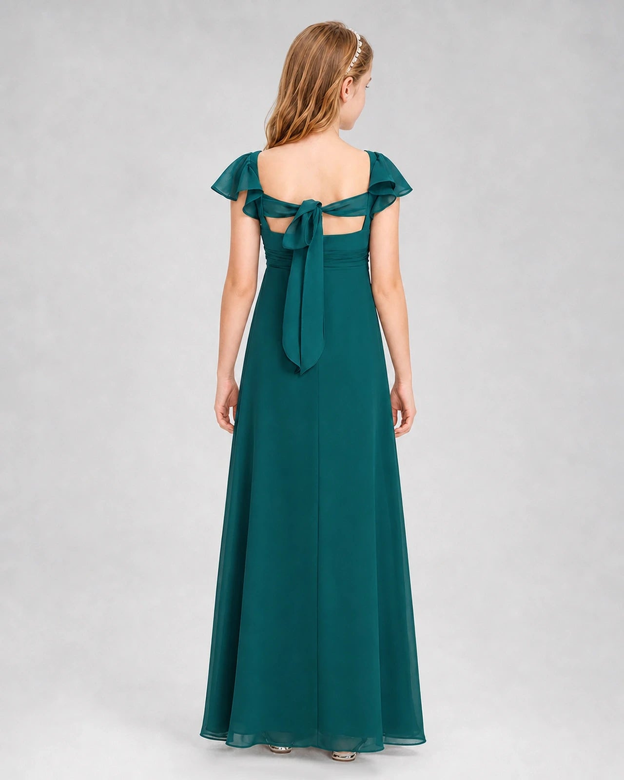 Dideyttawl Square Neck Flutter Sleeve Chiffon Junior Bridesmaid Dress