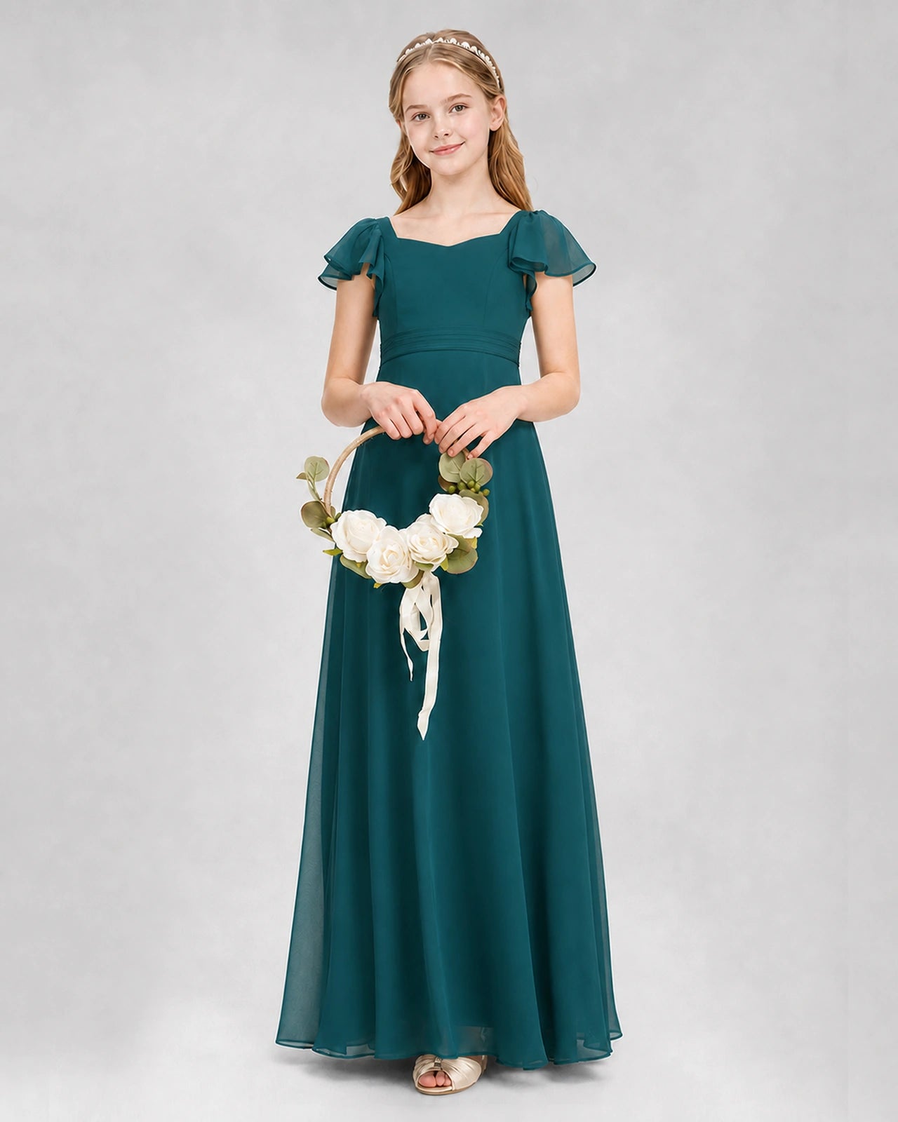 Dideyttawl Square Neck Flutter Sleeve Chiffon Junior Bridesmaid Dress