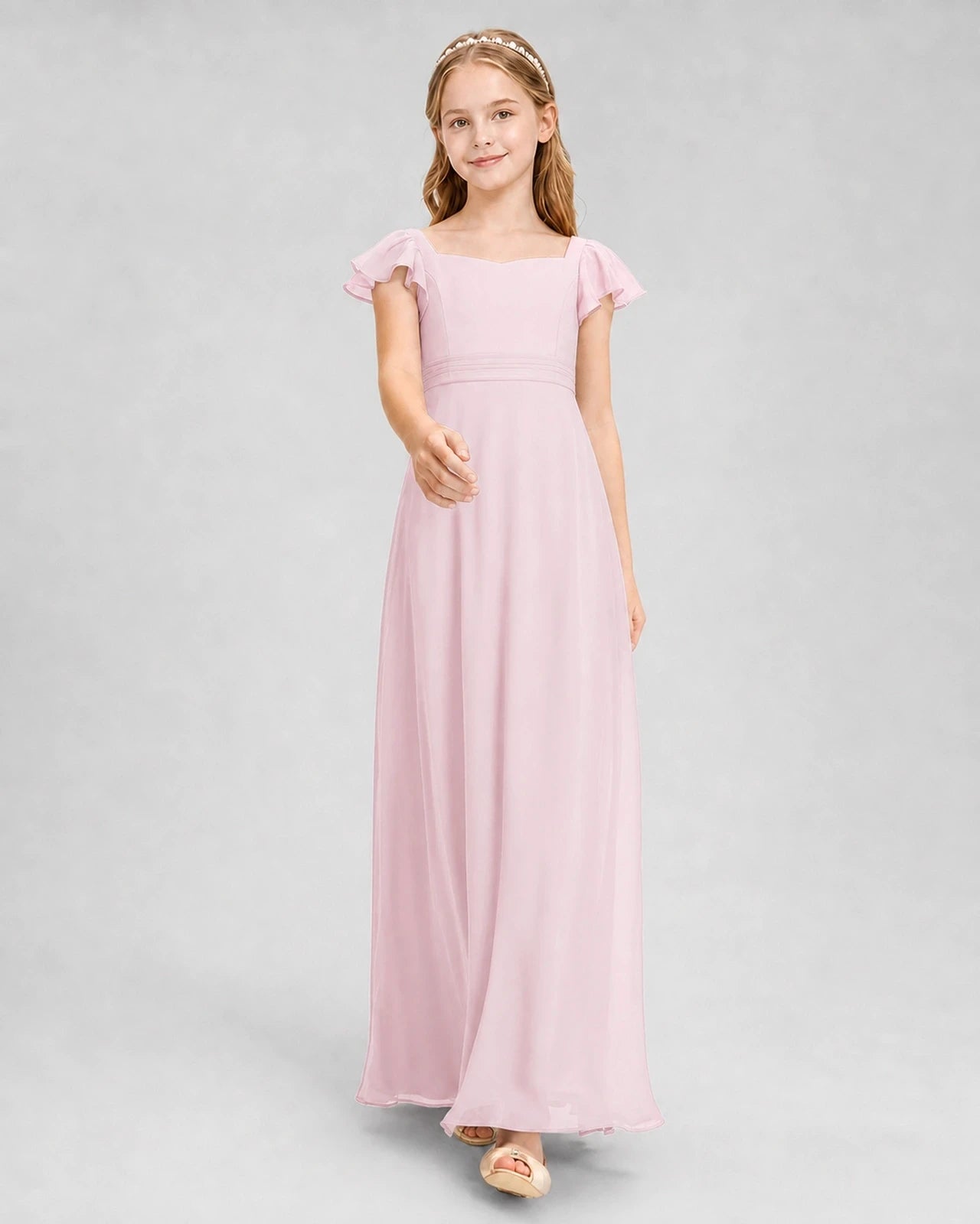 Dideyttawl Square Neck Flutter Sleeve Chiffon Junior Bridesmaid Dress
