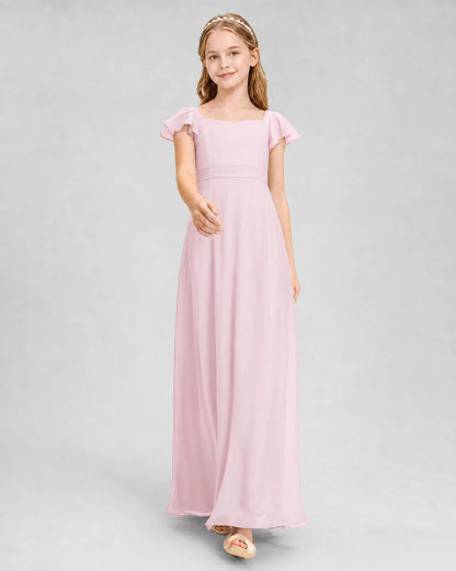 Dideyttawl Square Neck Flutter Sleeve Chiffon Junior Bridesmaid Dress