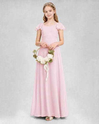 Dideyttawl Square Neck Flutter Sleeve Chiffon Junior Bridesmaid Dress