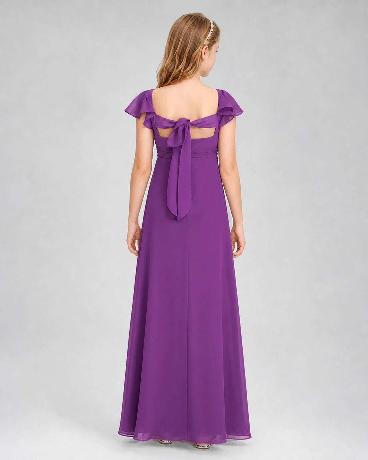 Dideyttawl Square Neck Flutter Sleeve Chiffon Junior Bridesmaid Dress