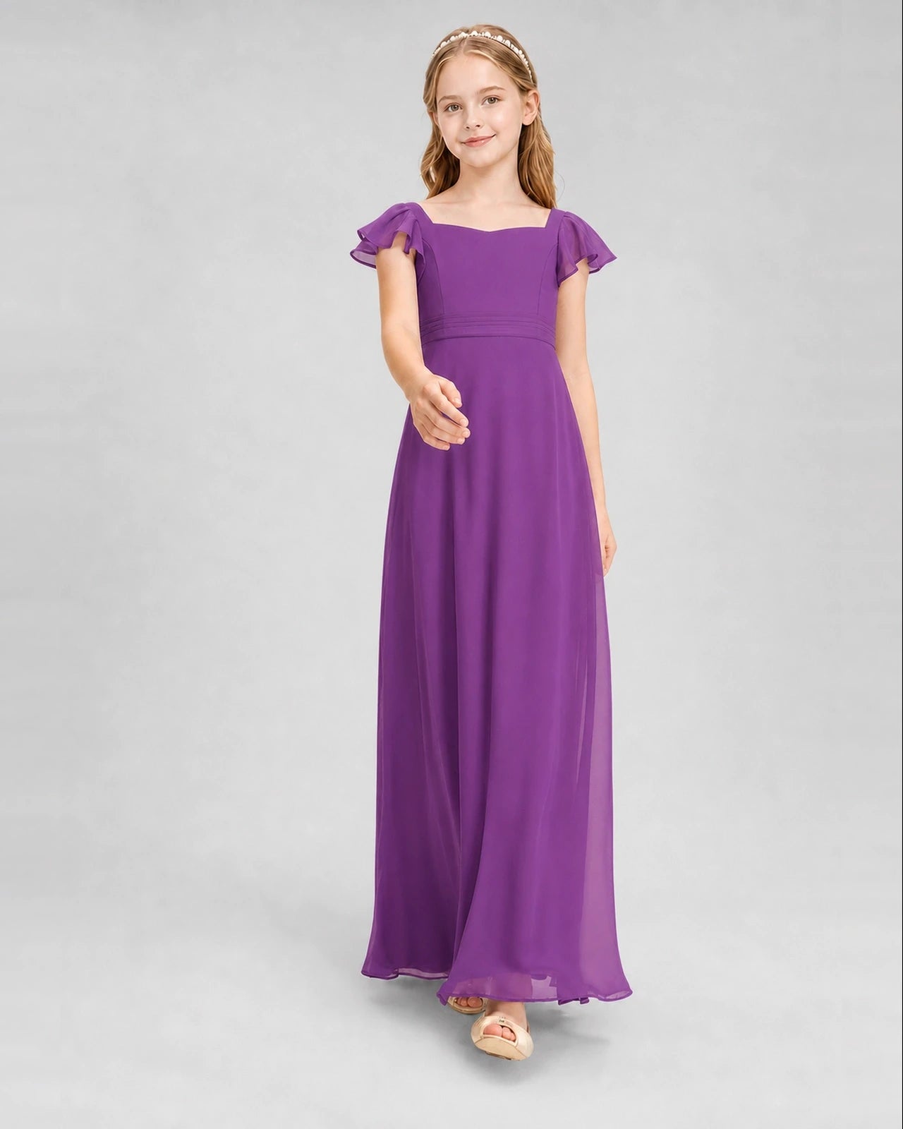 Dideyttawl Square Neck Flutter Sleeve Chiffon Junior Bridesmaid Dress
