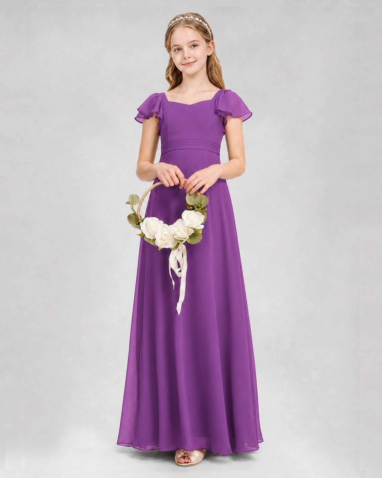 Dideyttawl Square Neck Flutter Sleeve Chiffon Junior Bridesmaid Dress