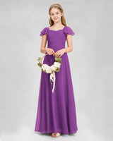 Purple chiffon square neck flutter sleeve junior bridesmaid dress, Side View