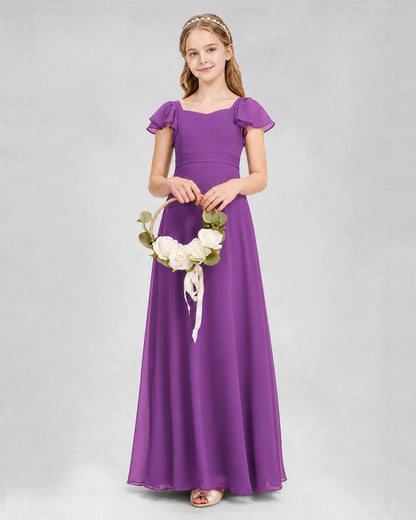 Dideyttawl Square Neck Flutter Sleeve Chiffon Junior Bridesmaid Dress