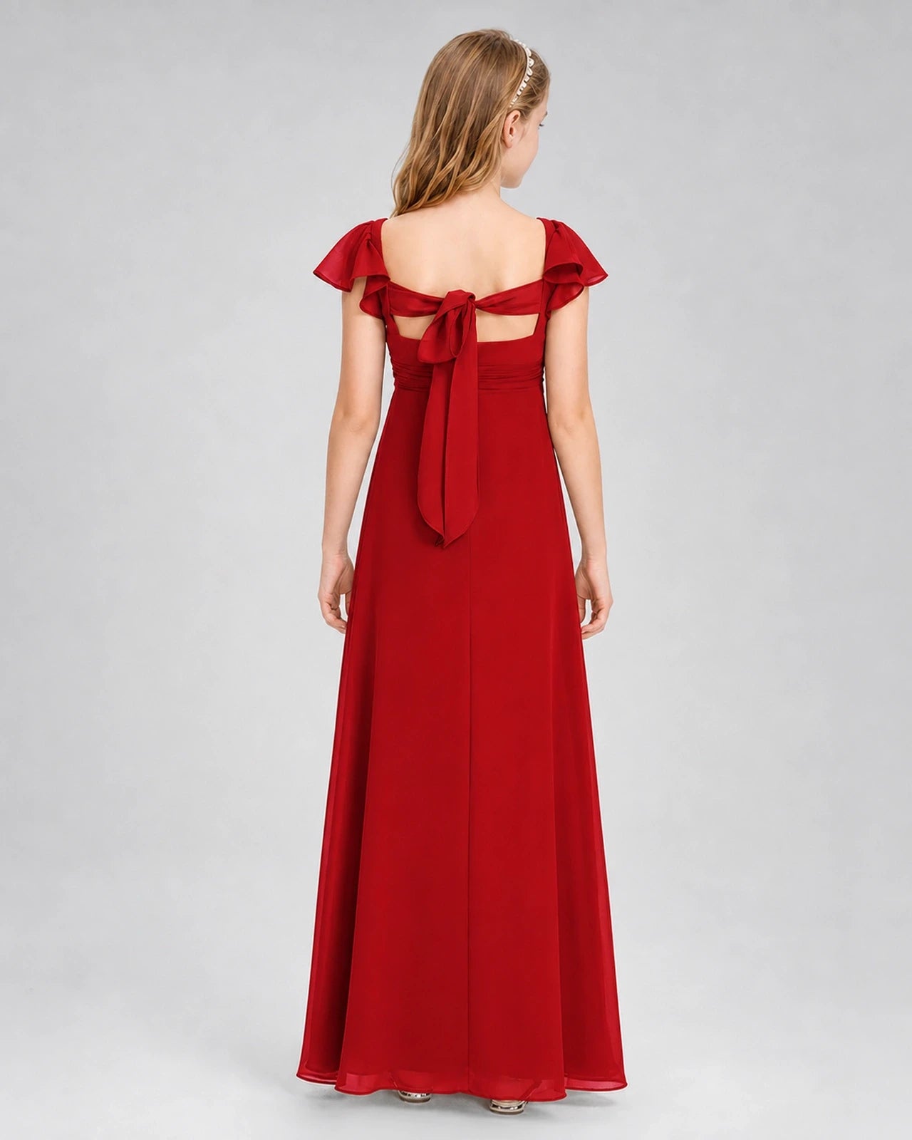 Dideyttawl Square Neck Flutter Sleeve Chiffon Junior Bridesmaid Dress