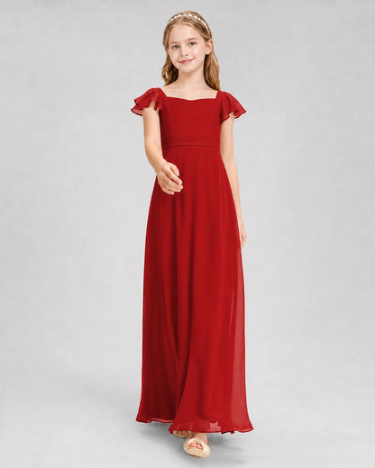 Dideyttawl Square Neck Flutter Sleeve Chiffon Junior Bridesmaid Dress