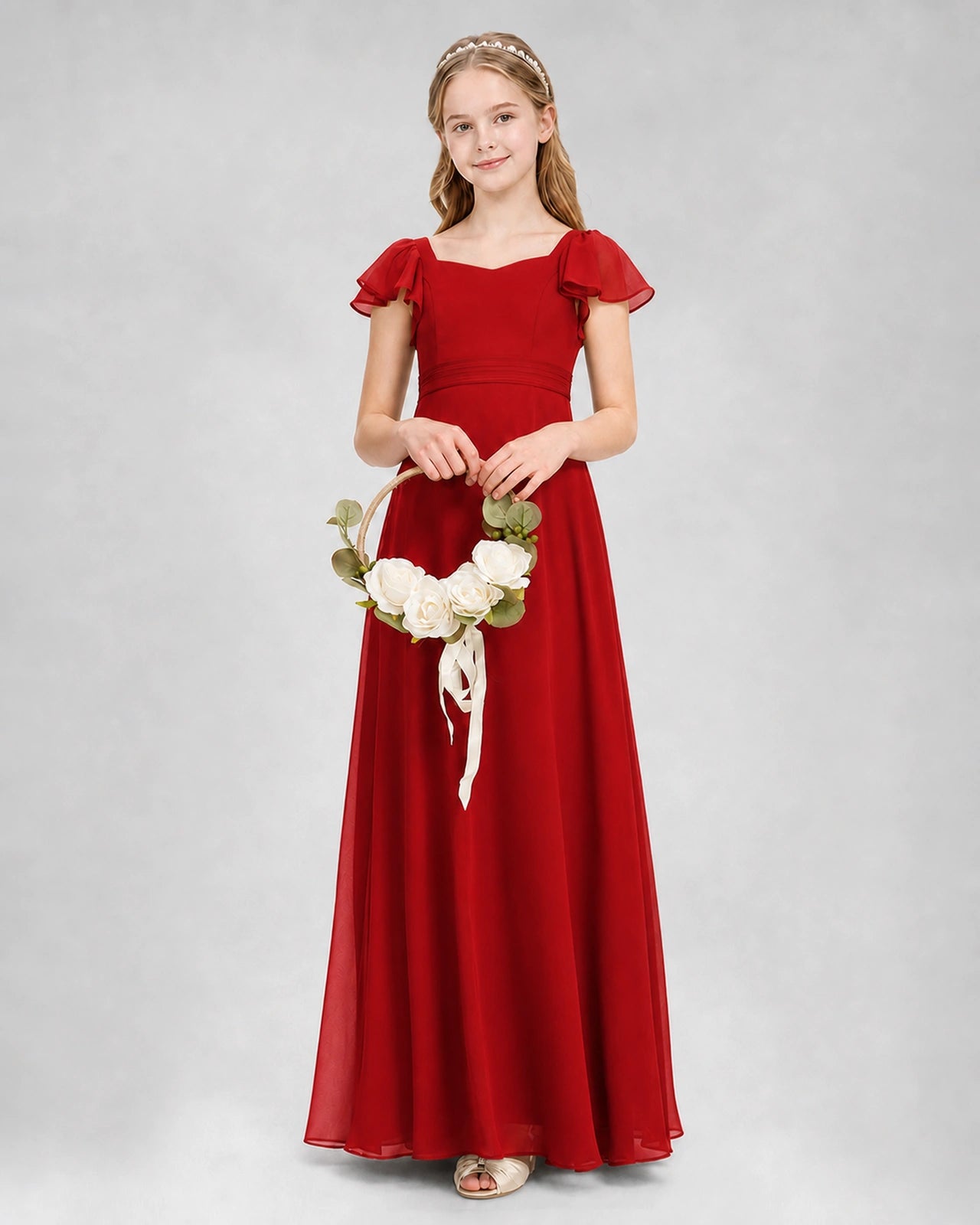 Dideyttawl Square Neck Flutter Sleeve Chiffon Junior Bridesmaid Dress