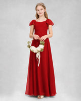 Red chiffon flutter-sleeve junior bridesmaid dress Side View