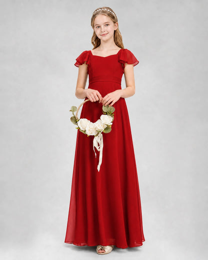 Dideyttawl Square Neck Flutter Sleeve Chiffon Junior Bridesmaid Dress