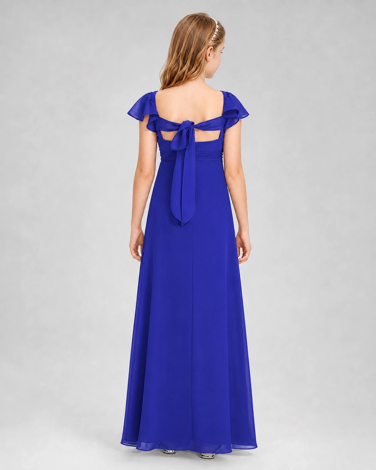 Dideyttawl Square Neck Flutter Sleeve Chiffon Junior Bridesmaid Dress