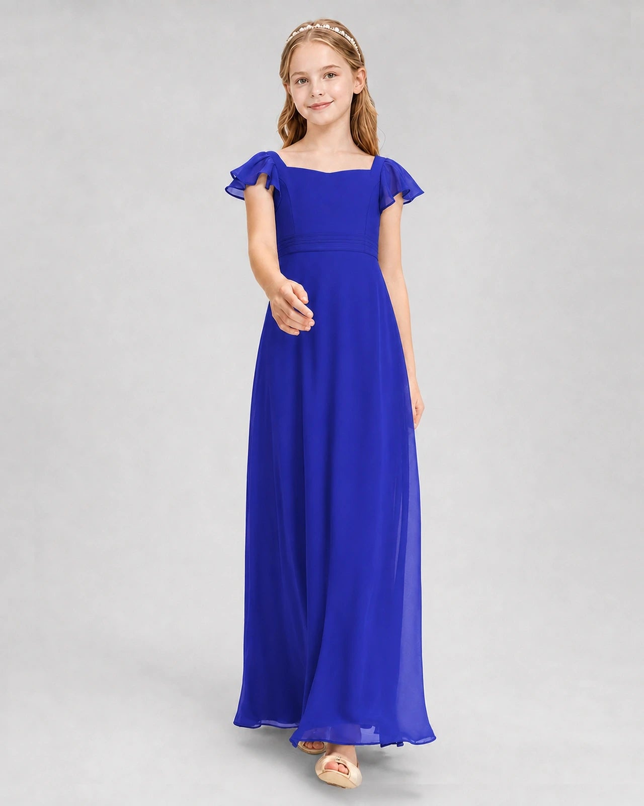 Dideyttawl Square Neck Flutter Sleeve Chiffon Junior Bridesmaid Dress