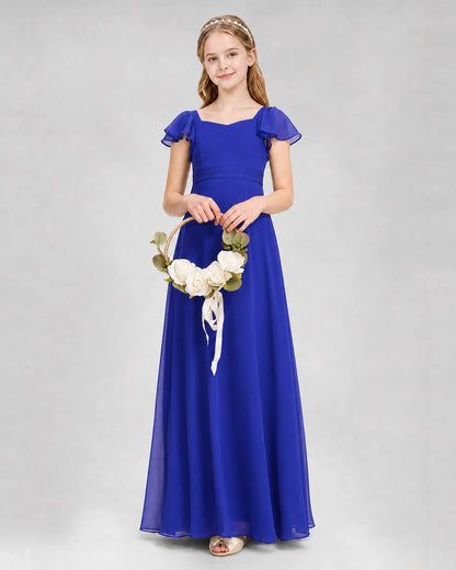 Dideyttawl Square Neck Flutter Sleeve Chiffon Junior Bridesmaid Dress