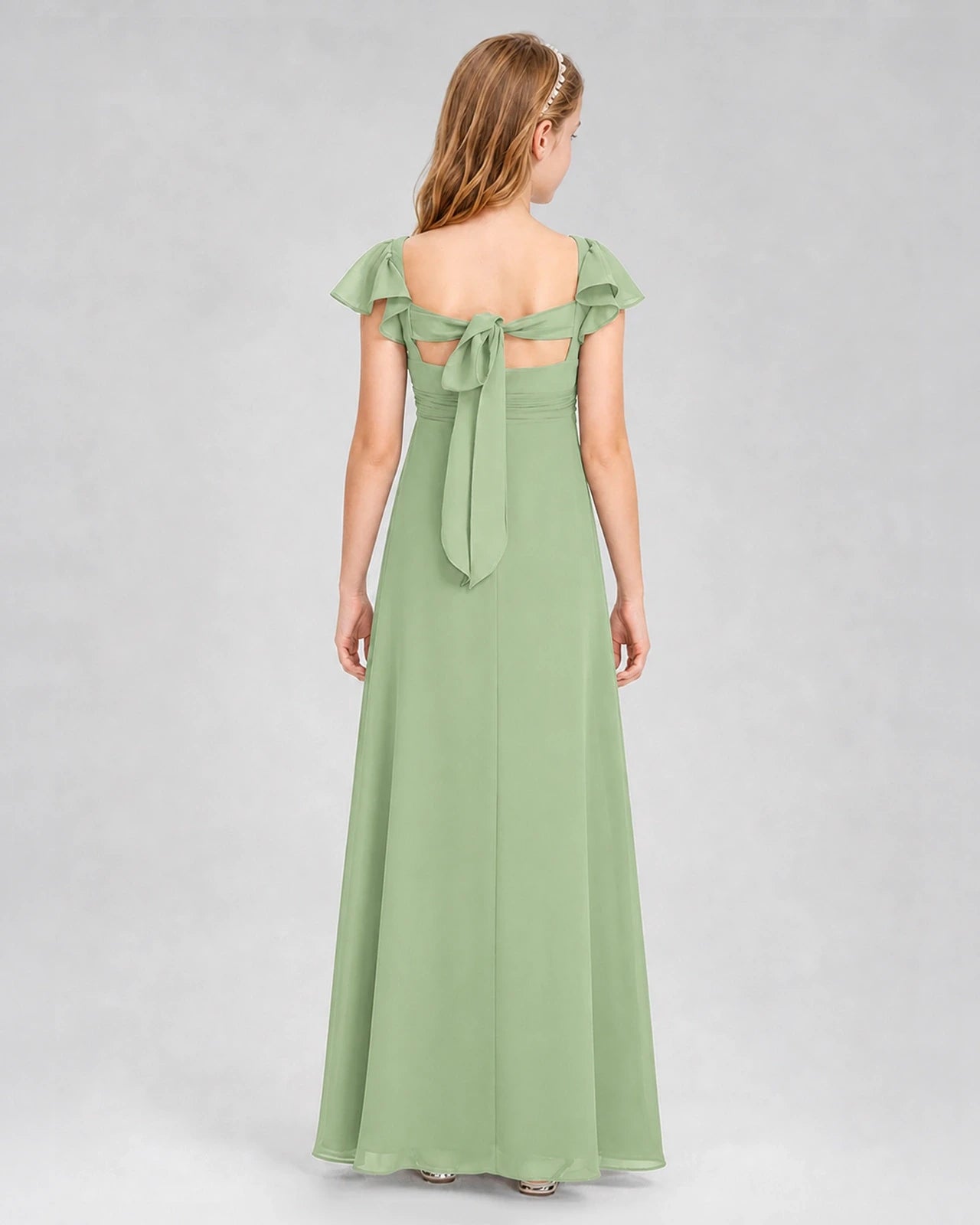 Dideyttawl Square Neck Flutter Sleeve Chiffon Junior Bridesmaid Dress
