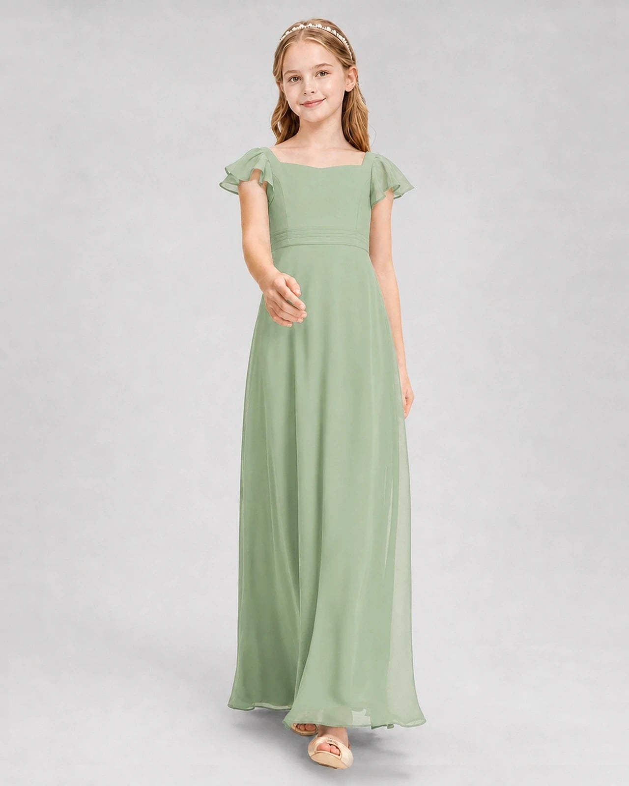 Dideyttawl Square Neck Flutter Sleeve Chiffon Junior Bridesmaid Dress