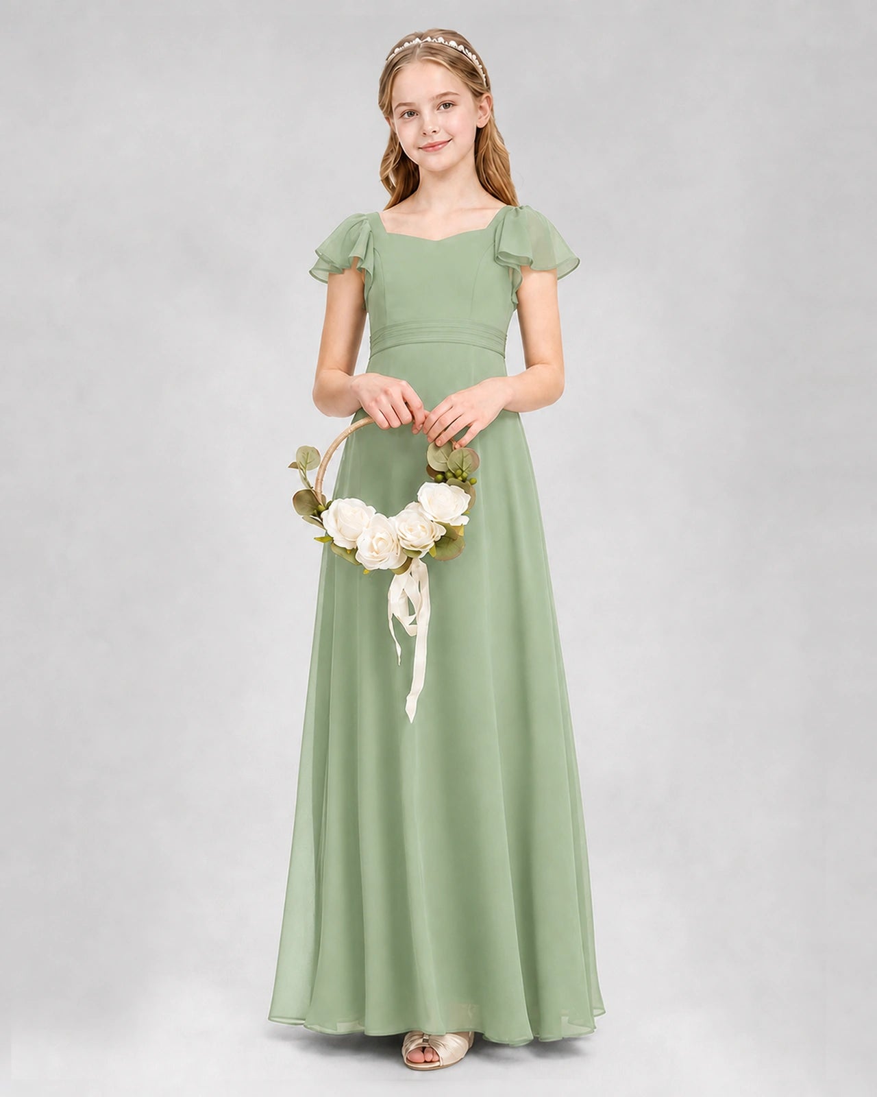 Dideyttawl Square Neck Flutter Sleeve Chiffon Junior Bridesmaid Dress