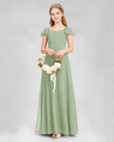 Sage Green Chiffon Flutter Sleeve Junior Bridesmaid Dresses Side View