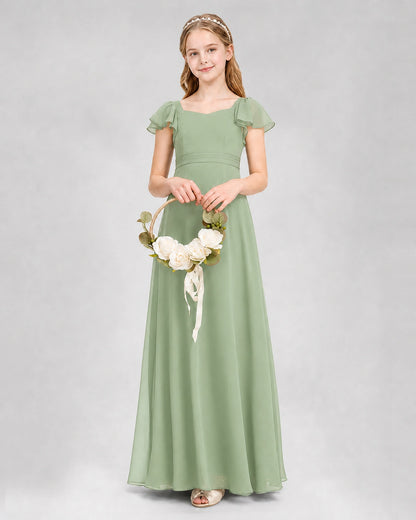 Dideyttawl Square Neck Flutter Sleeve Chiffon Junior Bridesmaid Dress