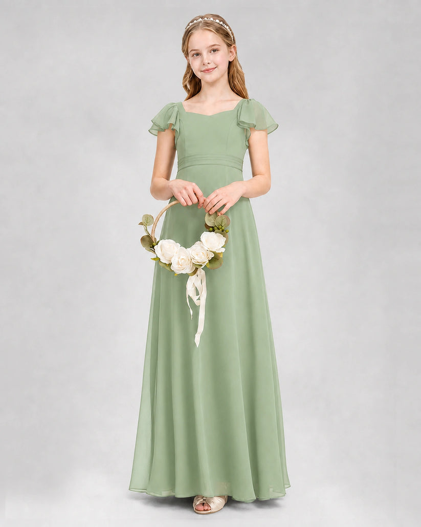 Sage Green Chiffon Flutter Sleeve Junior Bridesmaid Dresses Side View
