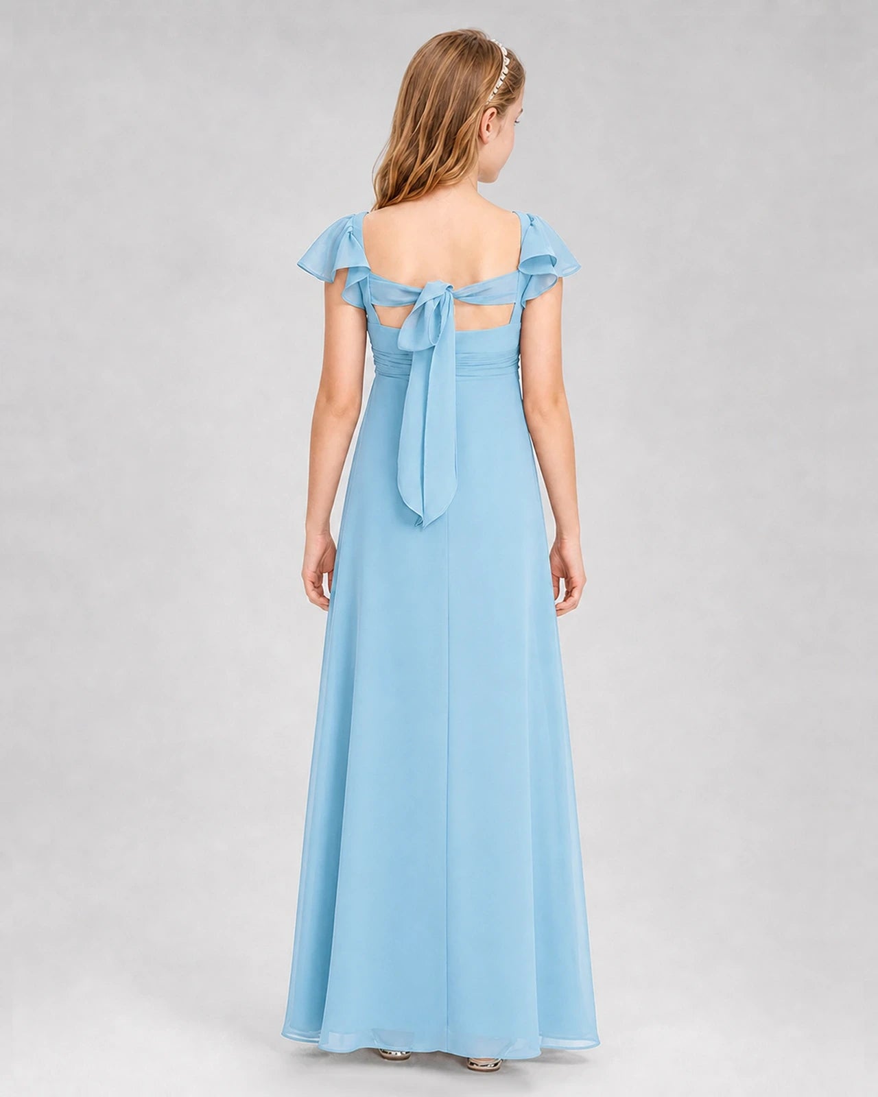 Dideyttawl Square Neck Flutter Sleeve Chiffon Junior Bridesmaid Dress