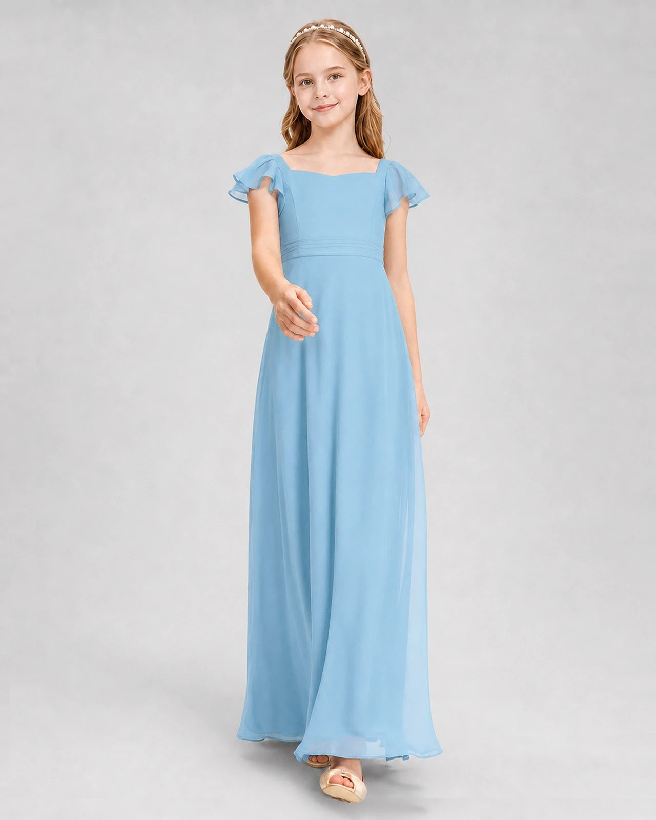 Dideyttawl Square Neck Flutter Sleeve Chiffon Junior Bridesmaid Dress