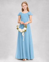 Sky Blue Chiffon Flutter Sleeve Junior Bridesmaid Dresses Side View