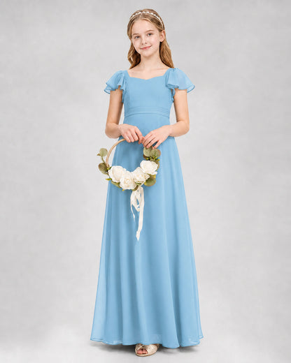 Dideyttawl Square Neck Flutter Sleeve Chiffon Junior Bridesmaid Dress