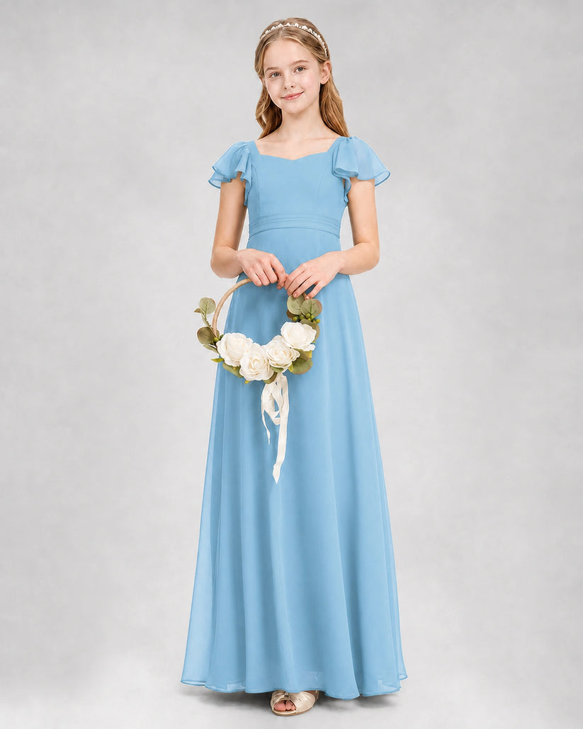 Sky Blue Chiffon Flutter Sleeve Junior Bridesmaid Dresses Side View