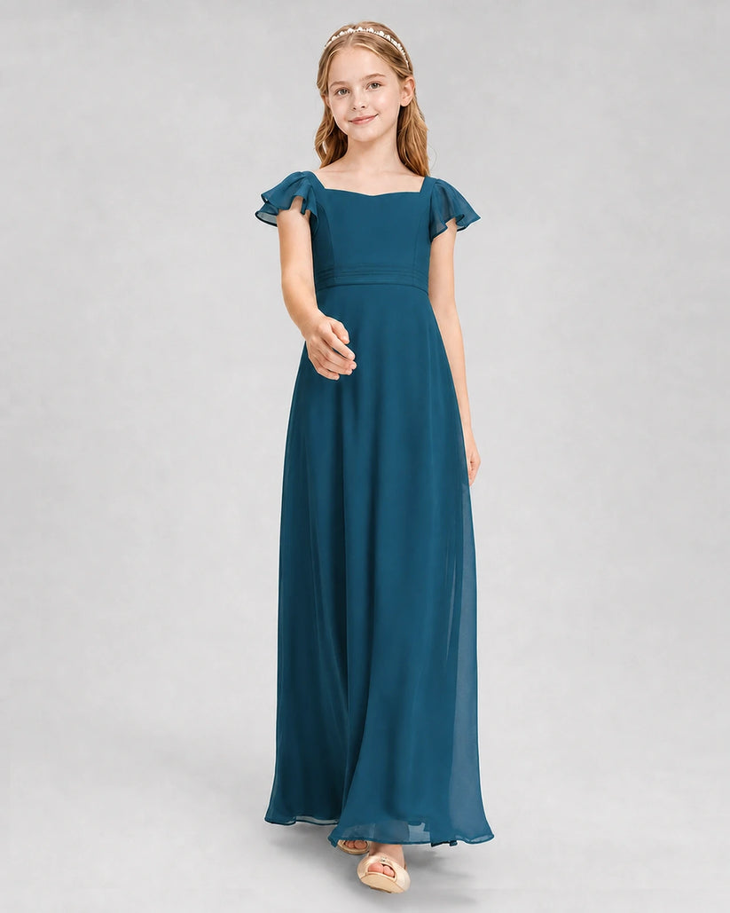 Teal Chiffon Flutter Sleeve Junior Bridesmaid Dresses Front View