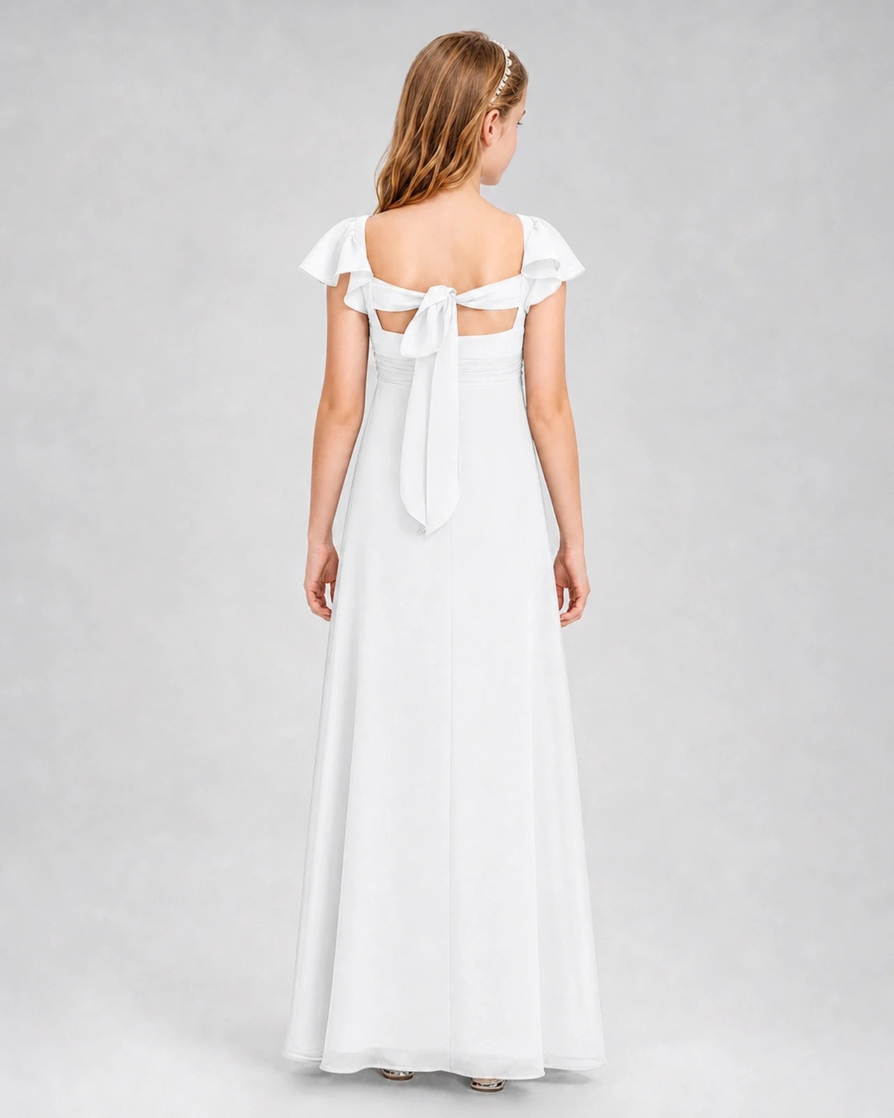 Dideyttawl Square Neck Flutter Sleeve Chiffon Junior Bridesmaid Dress