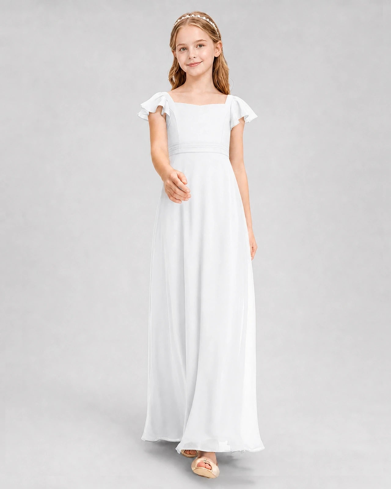 Dideyttawl Square Neck Flutter Sleeve Chiffon Junior Bridesmaid Dress