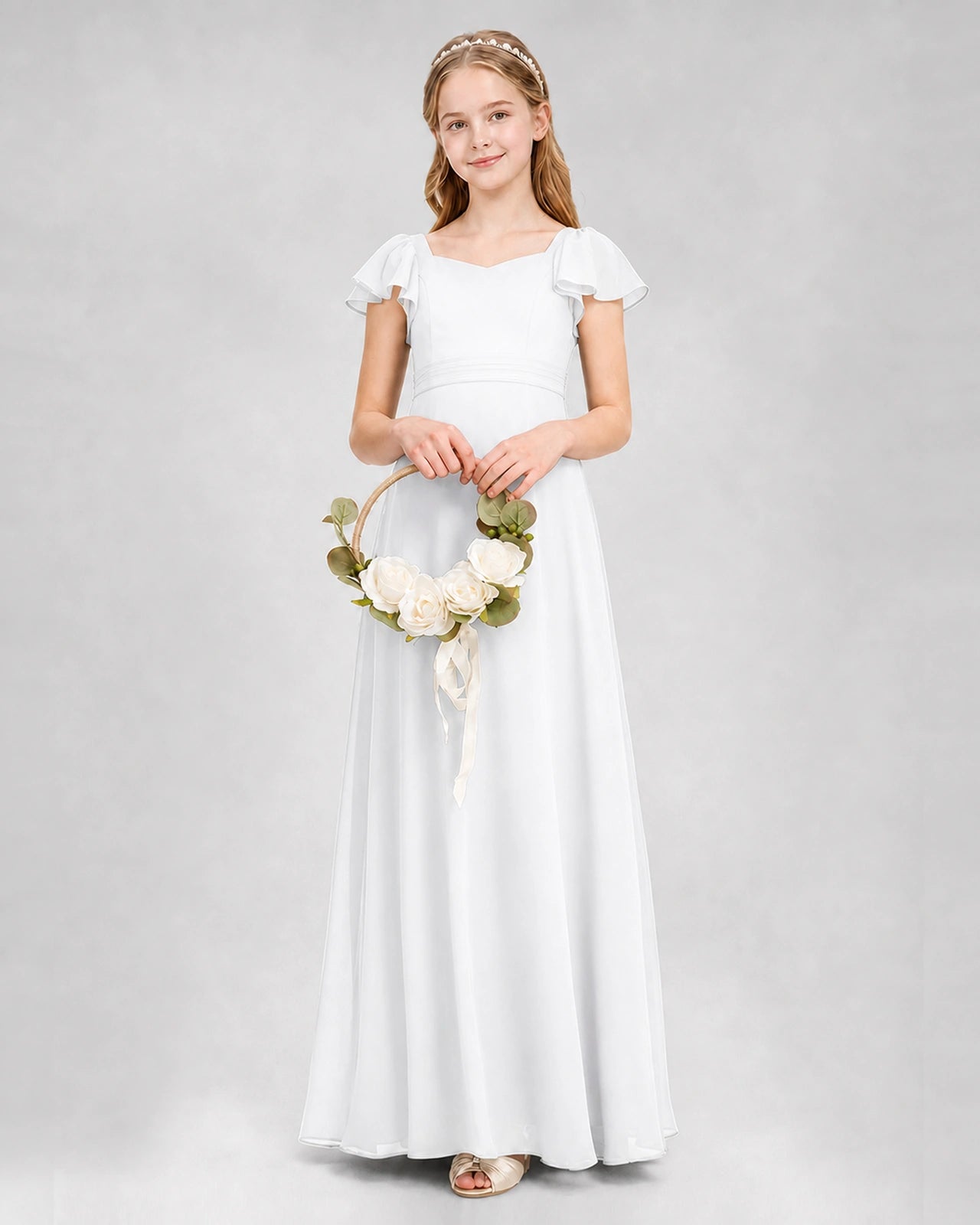 Dideyttawl Square Neck Flutter Sleeve Chiffon Junior Bridesmaid Dress