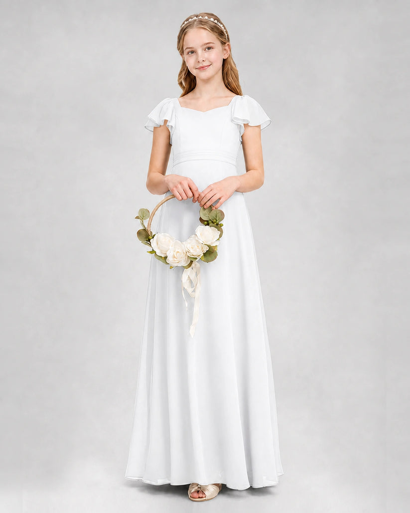 White Chiffon Flutter Sleeve Junior Bridesmaid Dresses Side View