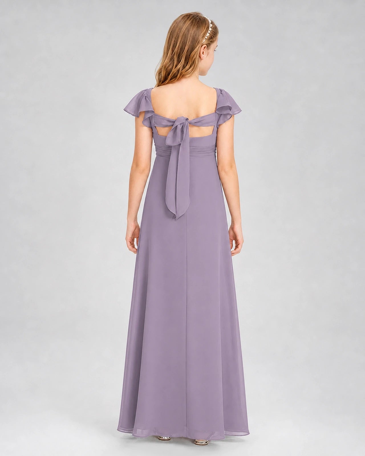 Dideyttawl Square Neck Flutter Sleeve Chiffon Junior Bridesmaid Dress