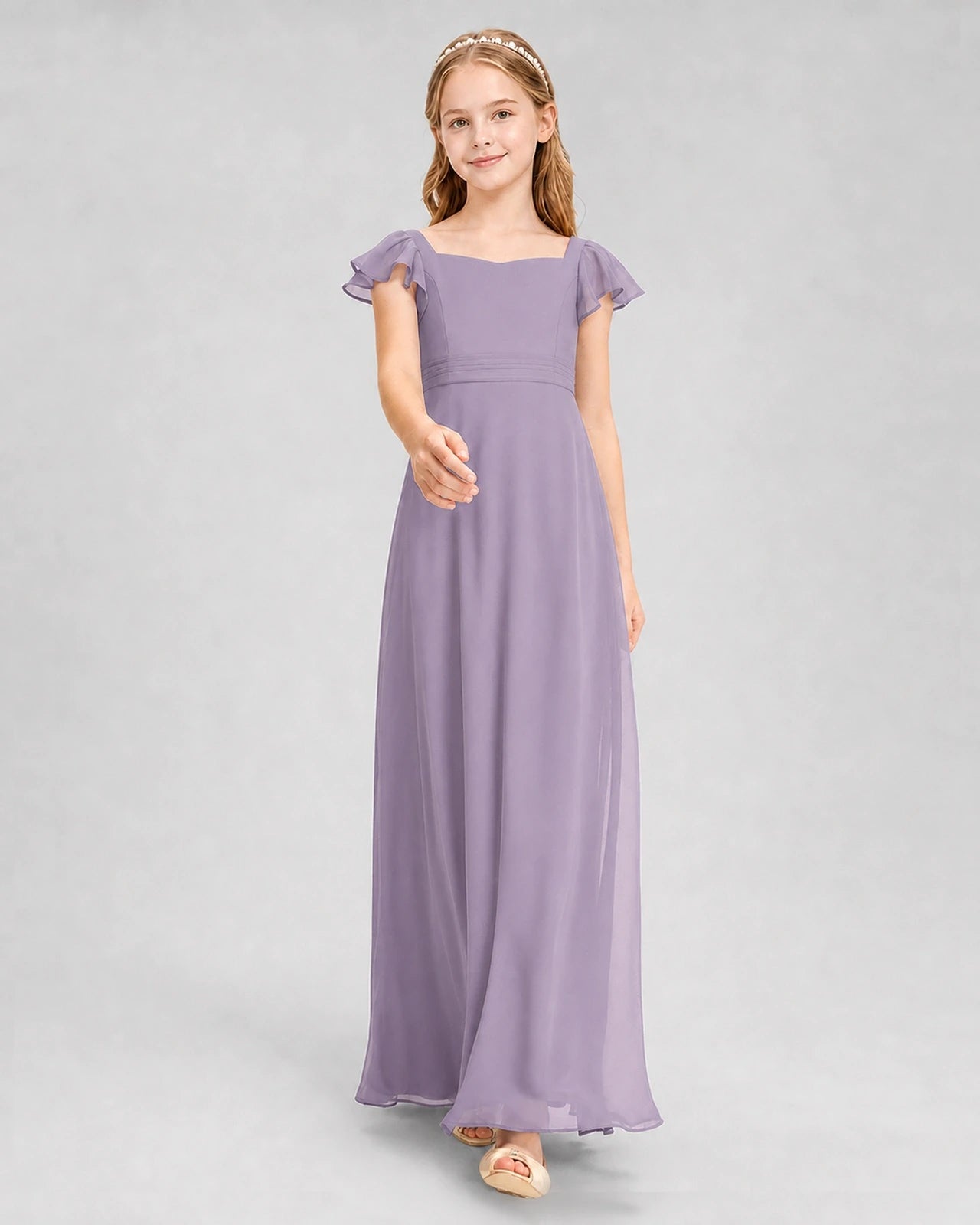 Dideyttawl Square Neck Flutter Sleeve Chiffon Junior Bridesmaid Dress