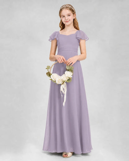 Dideyttawl Square Neck Flutter Sleeve Chiffon Junior Bridesmaid Dress