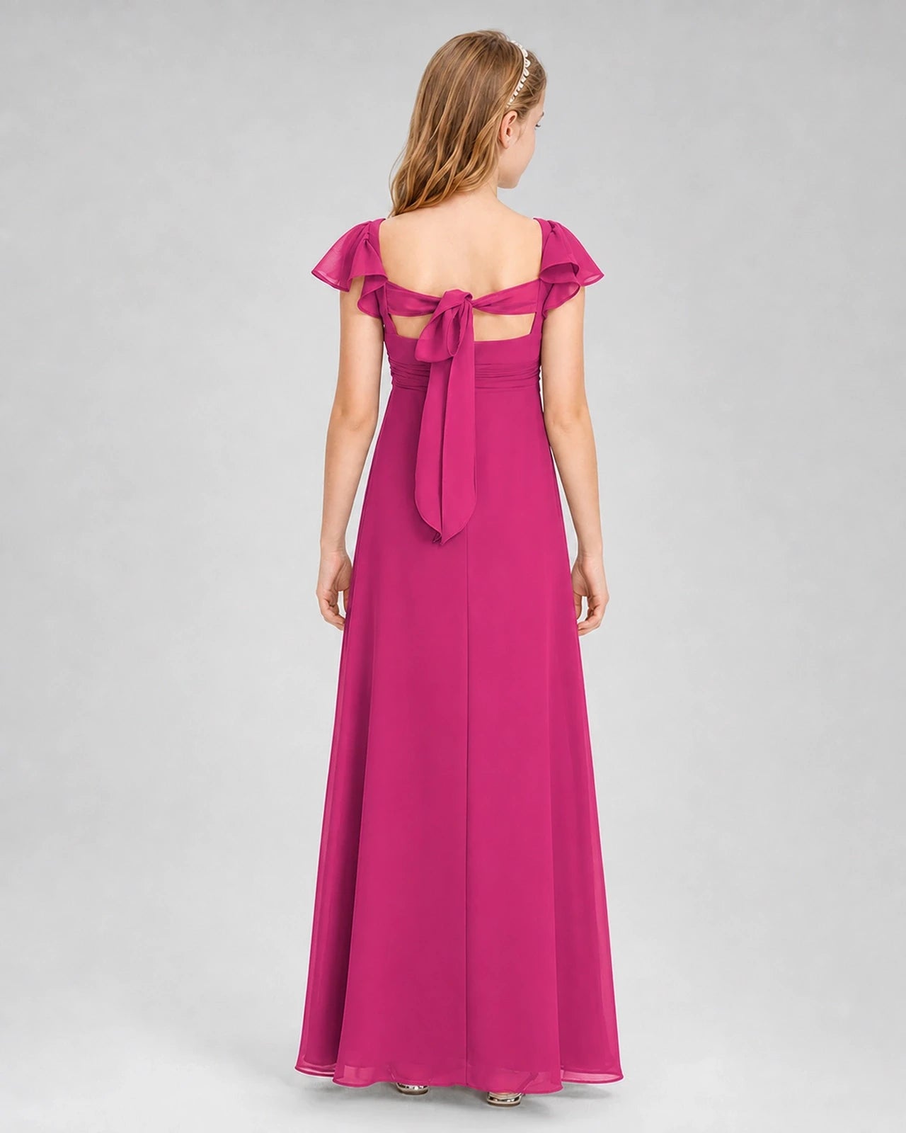 Dideyttawl Square Neck Flutter Sleeve Chiffon Junior Bridesmaid Dress