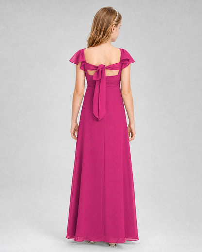 Dideyttawl Square Neck Flutter Sleeve Chiffon Junior Bridesmaid Dress