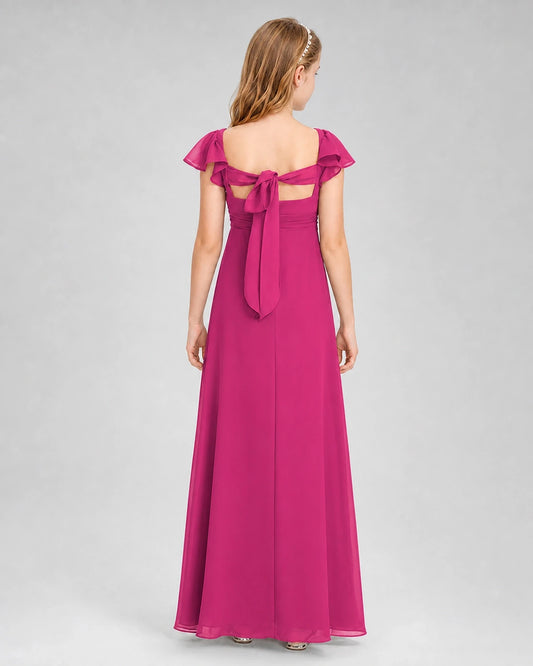 Hot pink chiffon bow-back junior bridesmaid dress, Back View