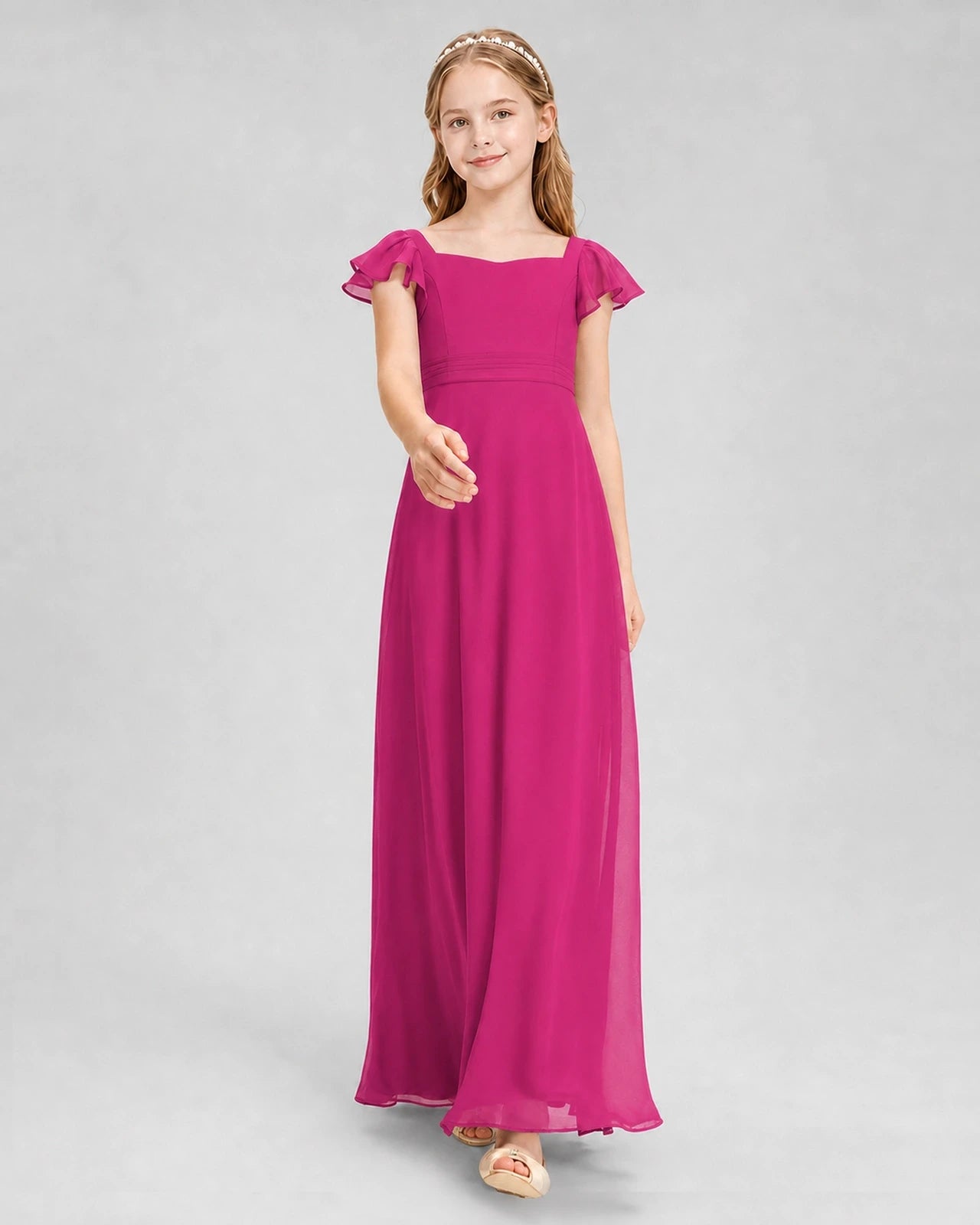Dideyttawl Square Neck Flutter Sleeve Chiffon Junior Bridesmaid Dress