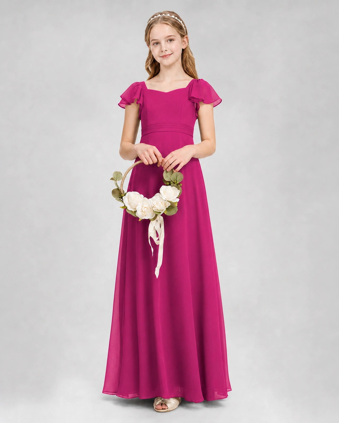 Dideyttawl Square Neck Flutter Sleeve Chiffon Junior Bridesmaid Dress