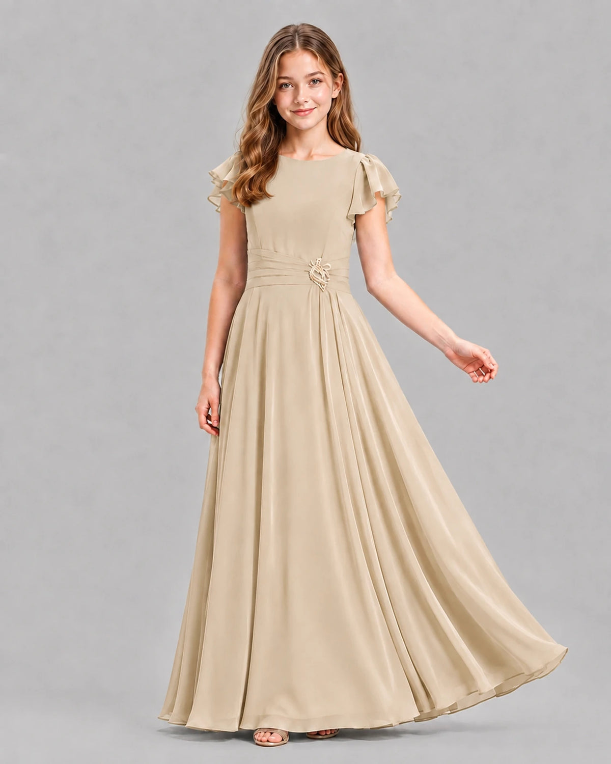 Champagne A-line Junior Bridesmaid Dresses Pose
