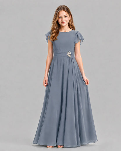 Dusty Blue A-line Junior Bridesmaid Dresses Front