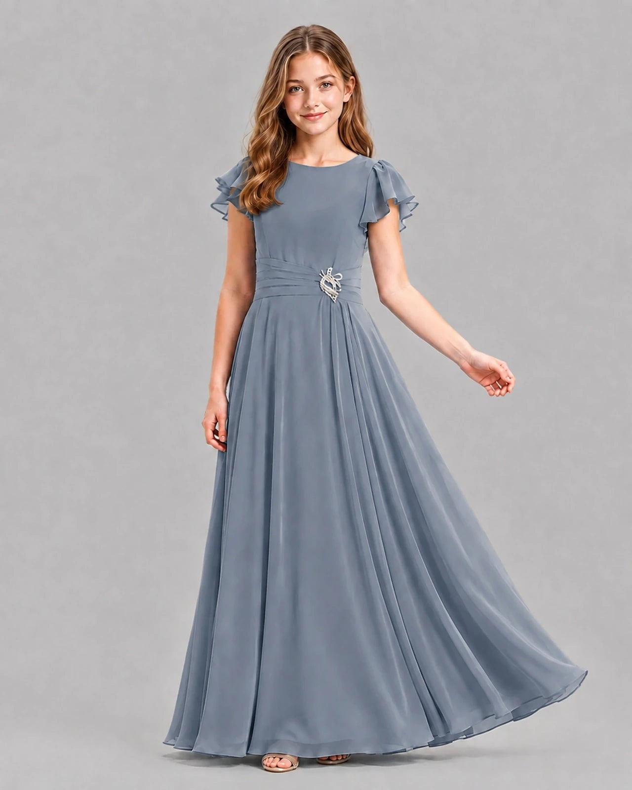 Dusty Blue A-line Junior Bridesmaid Dresses Pose