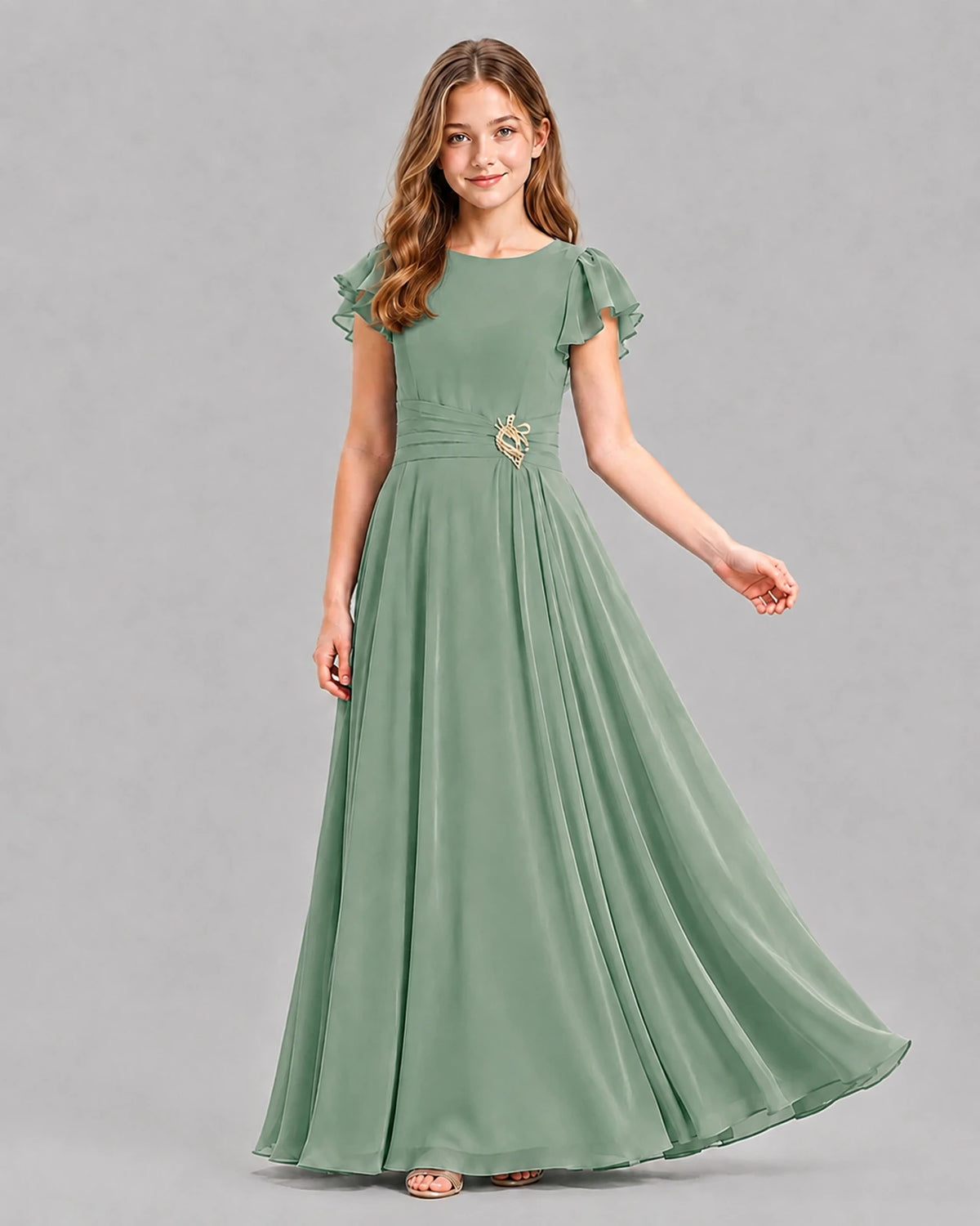 Eucalyptus A-line Junior Bridesmaid Dresses Pose