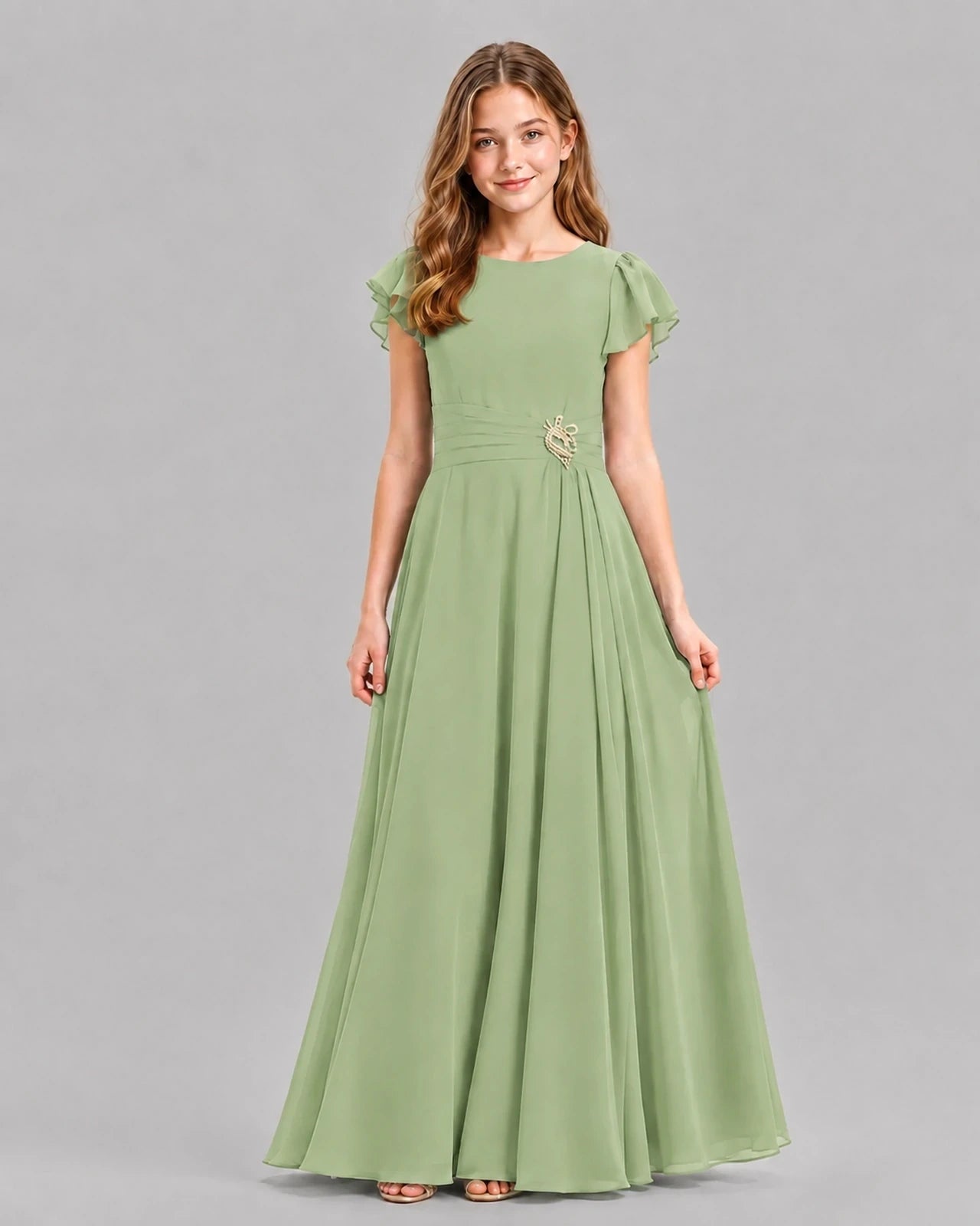 Sage Green A-line Junior Bridesmaid Dresses Front