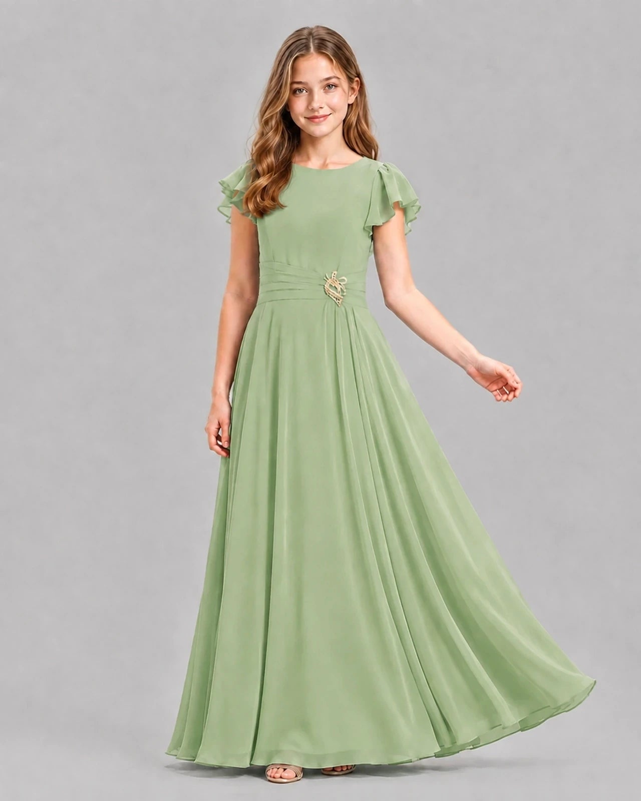 Sage Green A-line Junior Bridesmaid Dresses Pose