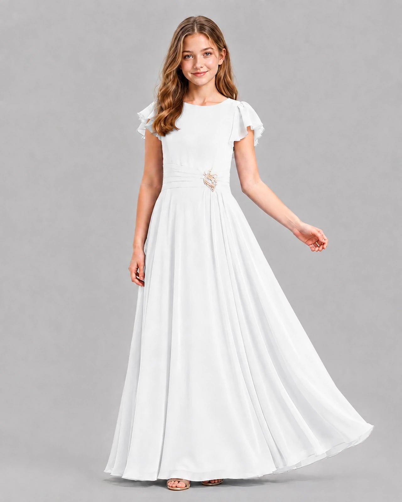 White A-line Junior Bridesmaid Dresses Pose
