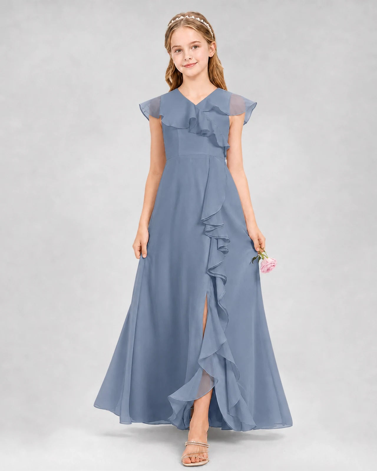 Dusty Blue A-line Junior Bridesmaid Dresses Back